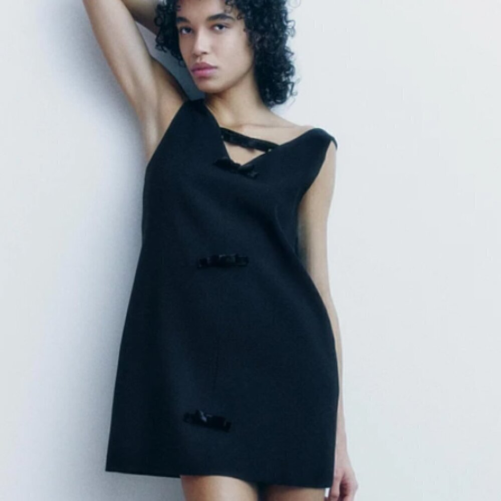 Zara Velvet Bow Sleeveless V Neck Mini Dress Black Size Medium
